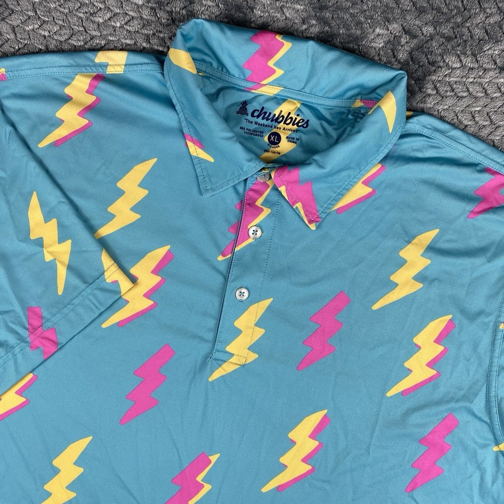 Chubbies Polo Shirt Mens XL Teal Yellow Pink Lightning Bolt Stretch Golf Tennis